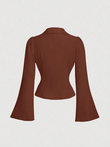 MOD Women V-Neck Ruffle Flared Sleeve Blouse, Waist Cinched,Black Long Sleeve Shirt