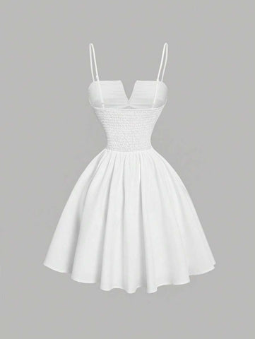Women V-Neck White Waisted Sleeveless Dress,Multi-Tiered Dress, Suitable For Dates