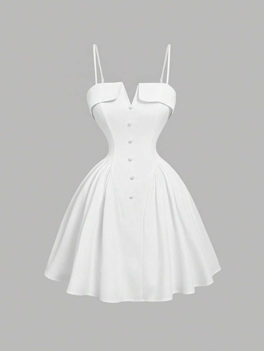 Women V-Neck White Waisted Sleeveless Dress,Multi-Tiered Dress, Suitable For Dates