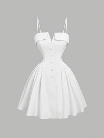 Women V-Neck White Waisted Sleeveless Dress,Multi-Tiered Dress, Suitable For Dates