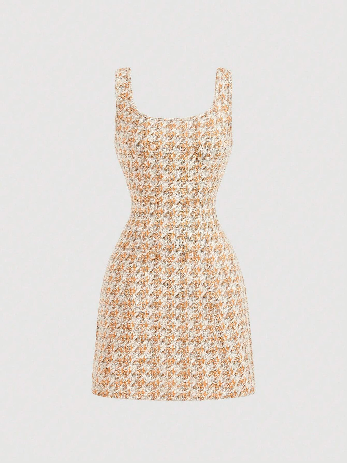 Women Vintage Houndstooth Button Design Square Neck Sleeveless Short Dress