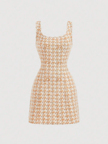 Women Vintage Houndstooth Button Design Square Neck Sleeveless Short Dress
