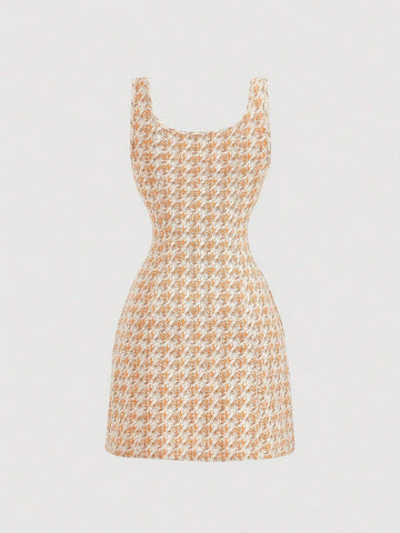 Women Vintage Houndstooth Button Design Square Neck Sleeveless Short Dress