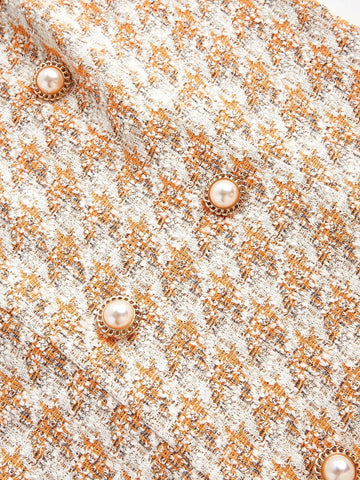 Women Vintage Houndstooth Button Design Square Neck Sleeveless Short Dress