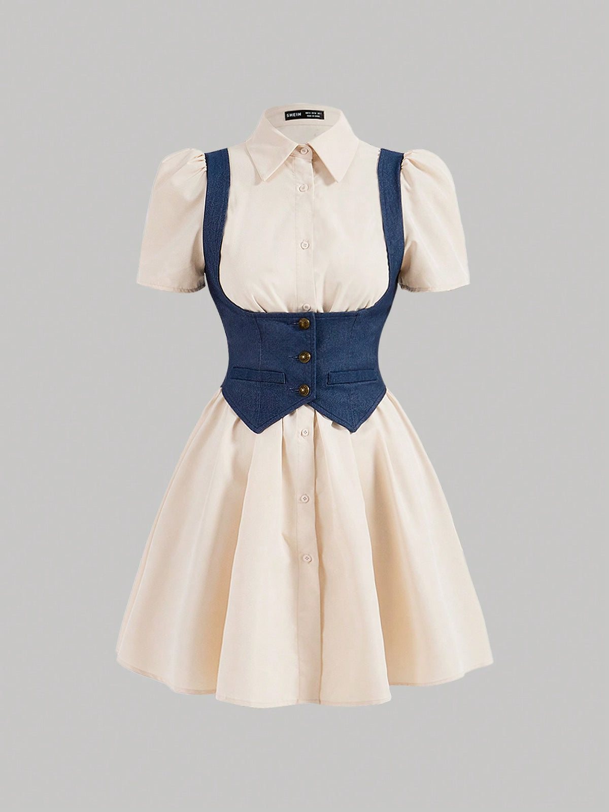 Women's 2 In 1 Spliced Denim Inspired Contrast Color Apricot Shirt Dress