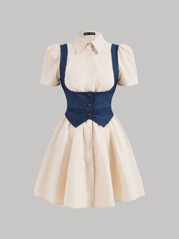 Women's 2 In 1 Spliced Denim Inspired Contrast Color Apricot Shirt Dress