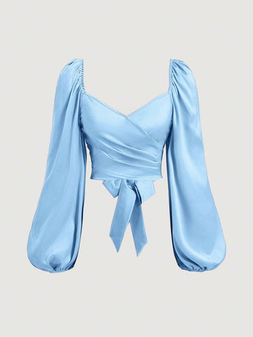 MOD Women's Autumn Solid Color Pleated Back Twist Lantern Sleeve Elegant Blouse