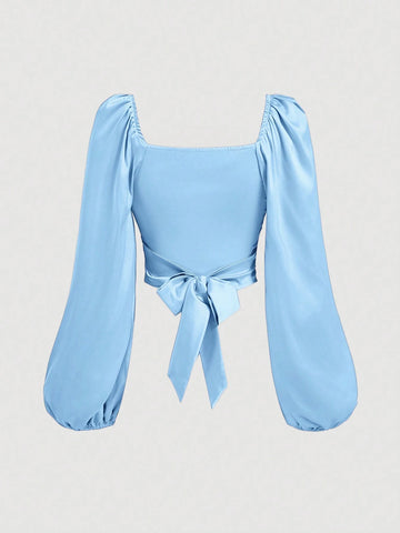 MOD Women's Autumn Solid Color Pleated Back Twist Lantern Sleeve Elegant Blouse