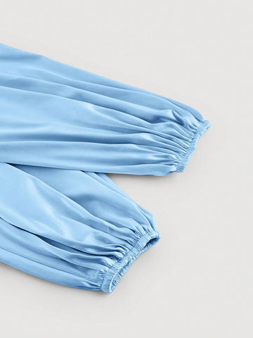 MOD Women's Autumn Solid Color Pleated Back Twist Lantern Sleeve Elegant Blouse