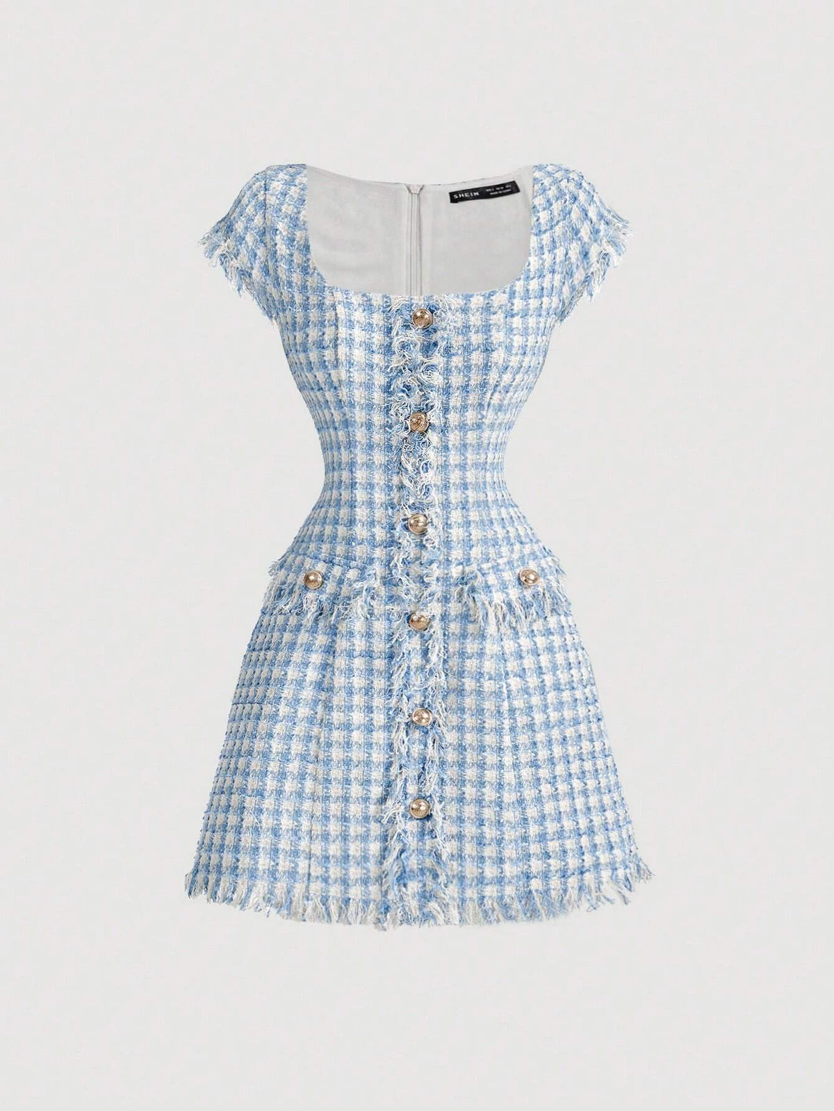 Women's Autumn Square Neck Plaid Midi Dress, Retro Blue And White Short Dress, Back To School