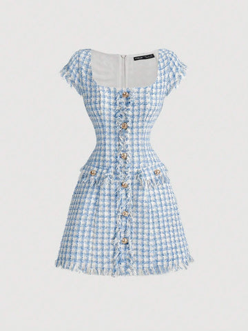 Women's Autumn Square Neck Plaid Midi Dress, Retro Blue And White Short Dress, Back To School