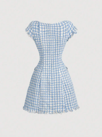 Women's Autumn Square Neck Plaid Midi Dress, Retro Blue And White Short Dress, Back To School