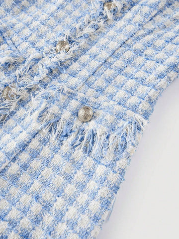 Women's Autumn Square Neck Plaid Midi Dress, Retro Blue And White Short Dress, Back To School