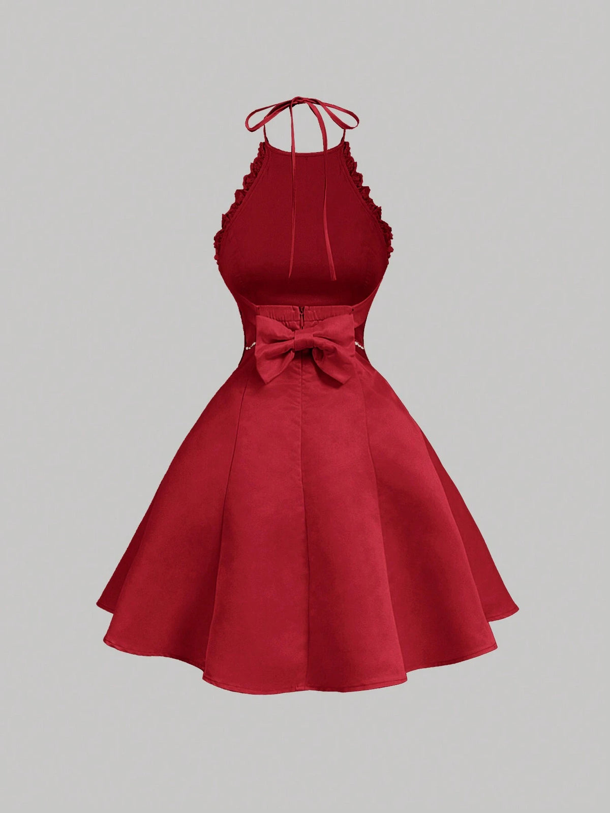 Women's Backless Bow Tie Waist Pearl Decor Apricot Mini Dress