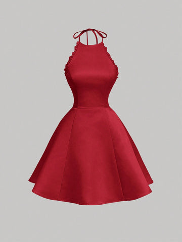 Women's Backless Bow Tie Waist Pearl Decor Apricot Mini Dress