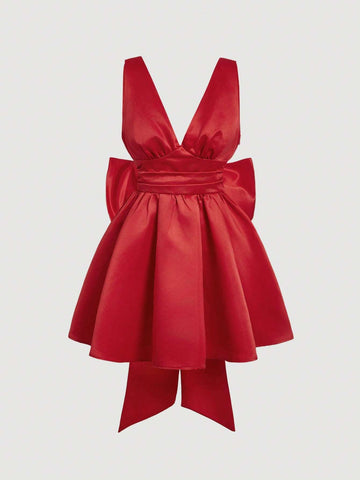 Women's Backless V-Neck Big Bow Tie Red Mini Dress, Spring Date Outfit, Valentine's Day Dress