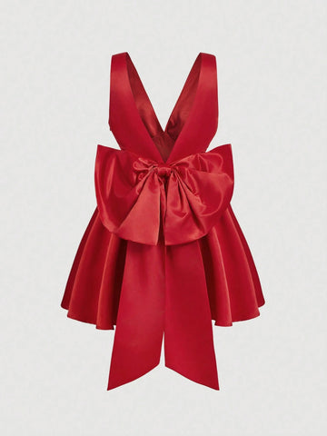 Women's Backless V-Neck Big Bow Tie Red Mini Dress, Spring Date Outfit, Valentine's Day Dress