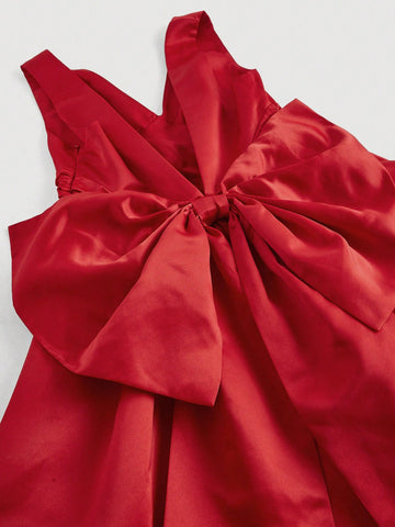 Women's Backless V-Neck Big Bow Tie Red Mini Dress, Spring Date Outfit, Valentine's Day Dress
