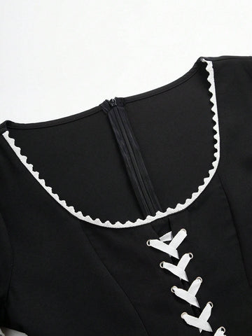 Women's Big Round Neck Bow Tie Belted Dress