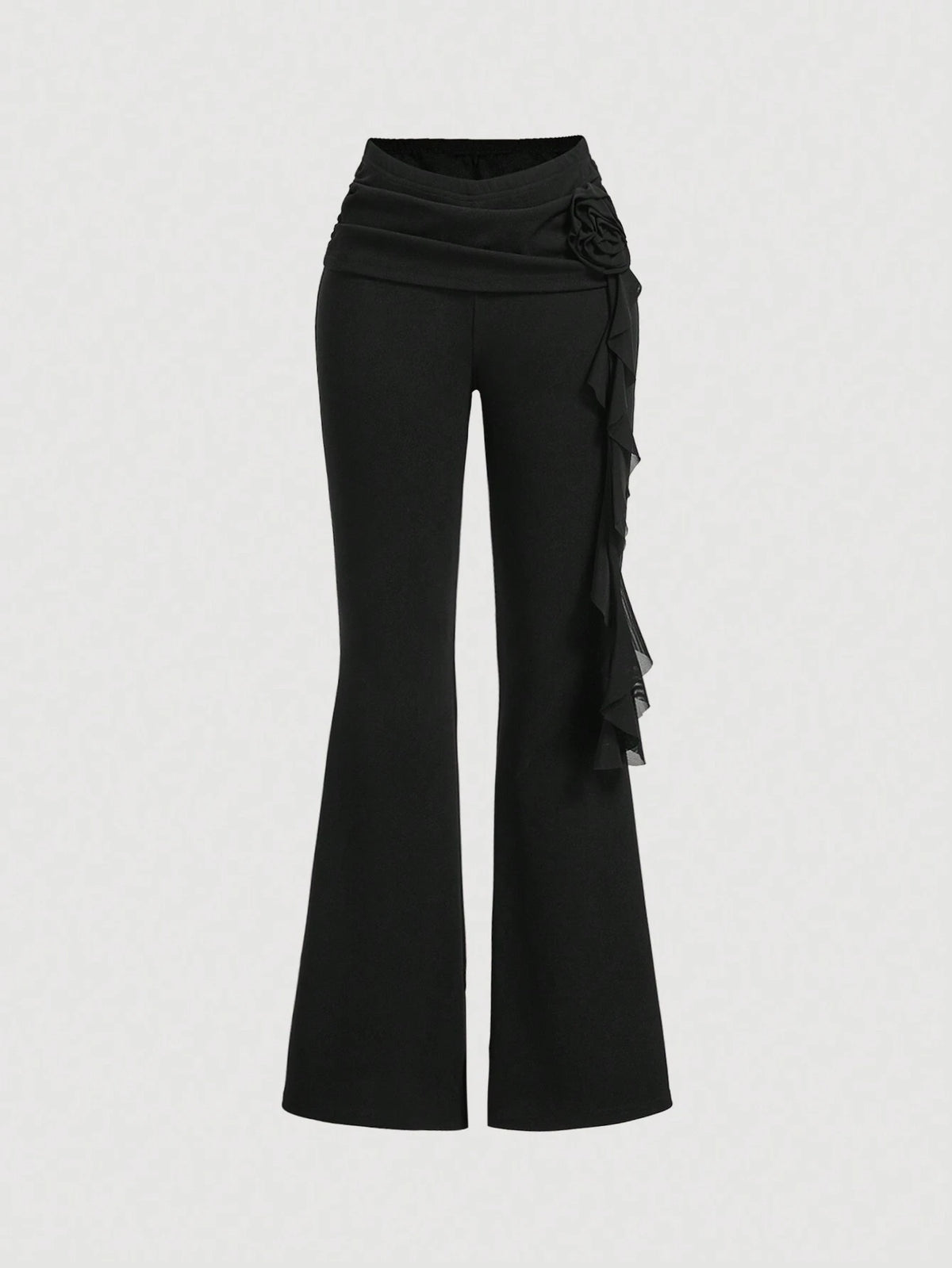 MOD Women's Black Flare Pants With Sash Floral Decoration, Pleats And Accentuate Thin Waist Design