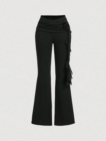 MOD Women's Black Flare Pants With Sash Floral Decoration, Pleats And Accentuate Thin Waist Design