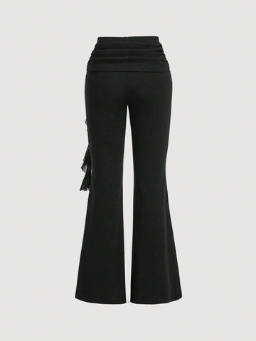 MOD Women's Black Flare Pants With Sash Floral Decoration, Pleats And Accentuate Thin Waist Design