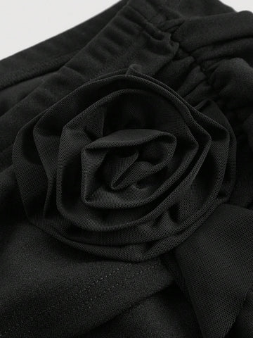 MOD Women's Black Flare Pants With Sash Floral Decoration, Pleats And Accentuate Thin Waist Design