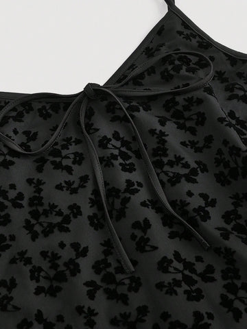 Women's Black Velvet Bow Tie Strap Cami Dress