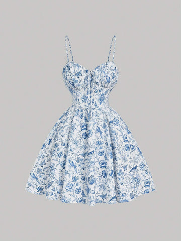 Women's Blue & White Floral Print Dress, Spring