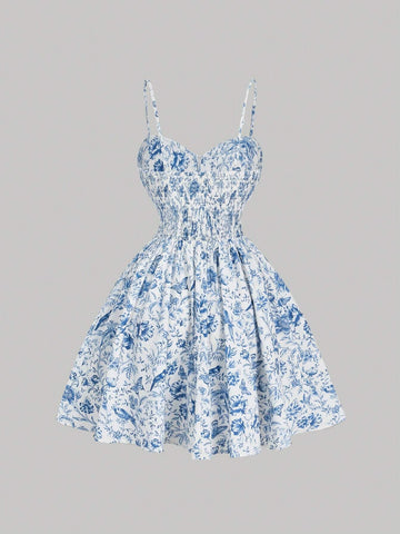 Women's Blue & White Floral Print Dress, Spring