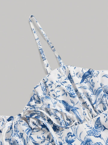 Women's Blue & White Floral Print Dress, Spring