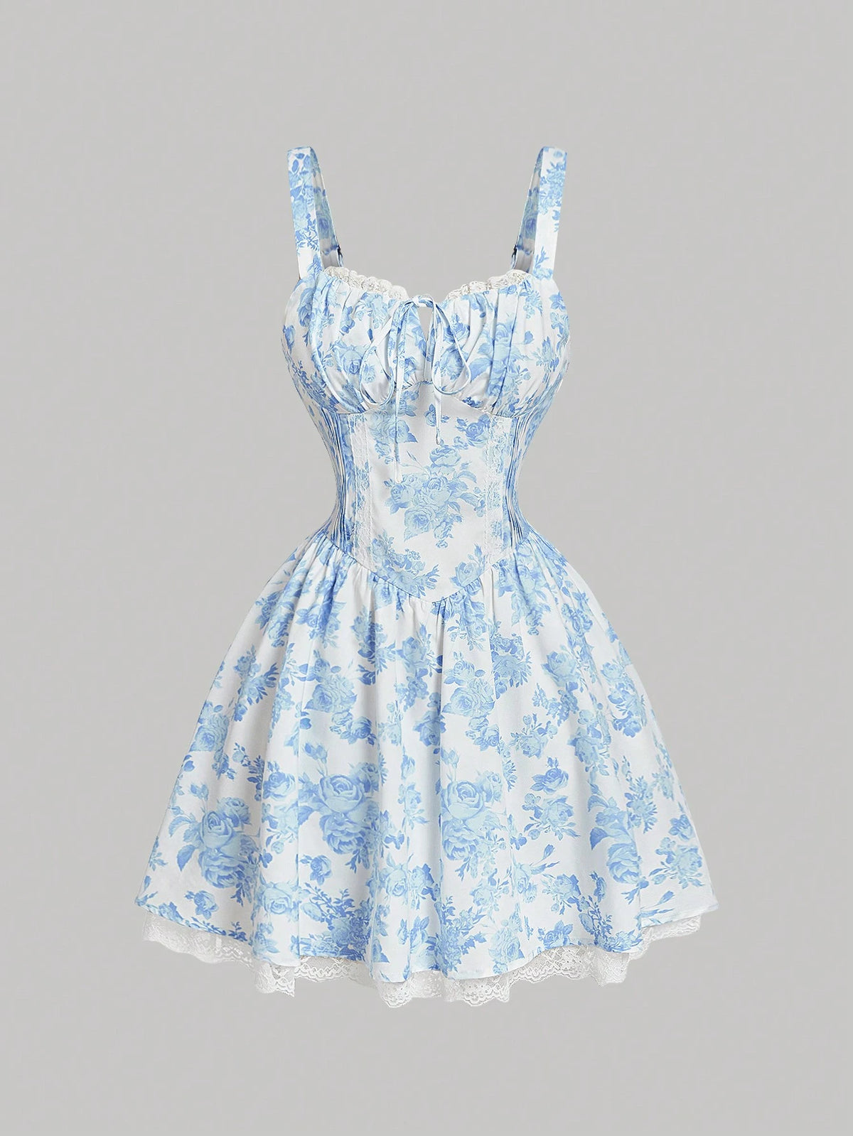 Women's Blue & White Print Lace Trim Cami Strap Mini Dress With Criss-Cross Back, Spring Date Outfit