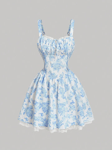 Women's Blue & White Print Lace Trim Cami Strap Mini Dress With Criss-Cross Back, Spring Date Outfit