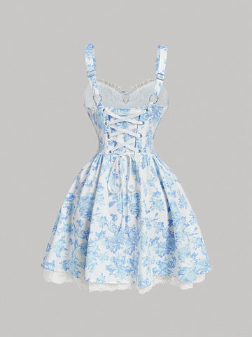 Women's Blue & White Print Lace Trim Cami Strap Mini Dress With Criss-Cross Back, Spring Date Outfit