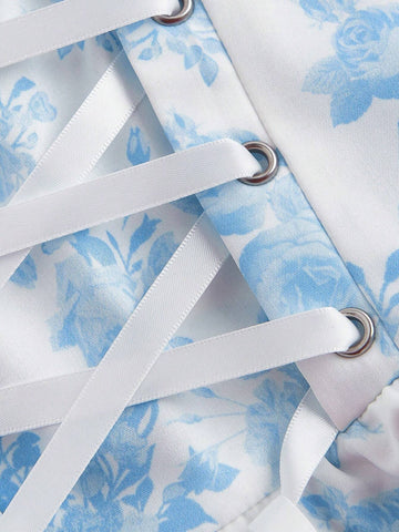 Women's Blue & White Print Lace Trim Cami Strap Mini Dress With Criss-Cross Back, Spring Date Outfit