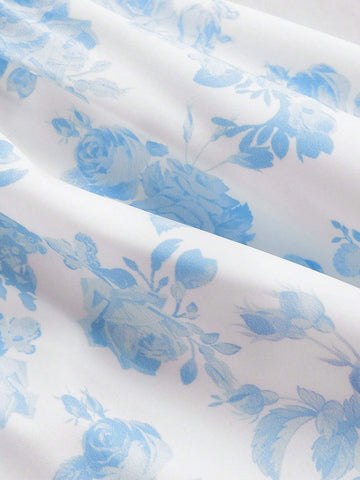 Women's Blue & White Print Lace Trim Cami Strap Mini Dress With Criss-Cross Back, Spring Date Outfit