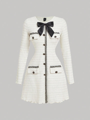 Women's Bow Decor, Red Retro Christmas Knit Long Sleeve Mini Dress,New Year Eve