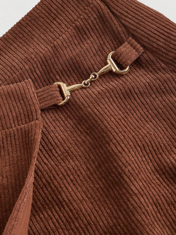 MOD Women's Brown Front Pleated Metallic Buckle Decor Skirt