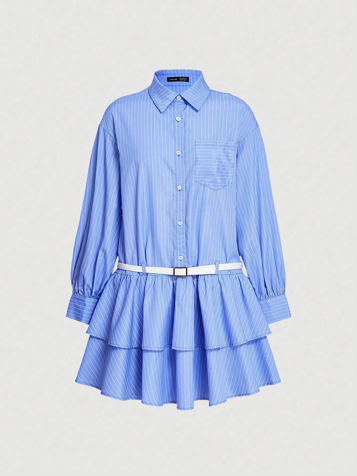 Women's Button Down Long Sleeve Blue & White Striped Double Layer Lace Trim Shirt Dress With Belt