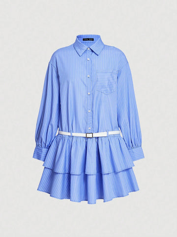 Women's Button Down Long Sleeve Blue & White Striped Double Layer Lace Trim Shirt Dress With Belt