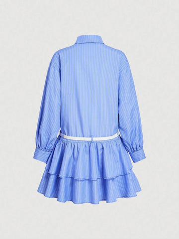 Women's Button Down Long Sleeve Blue & White Striped Double Layer Lace Trim Shirt Dress With Belt