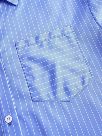 Women's Button Down Long Sleeve Blue & White Striped Double Layer Lace Trim Shirt Dress With Belt