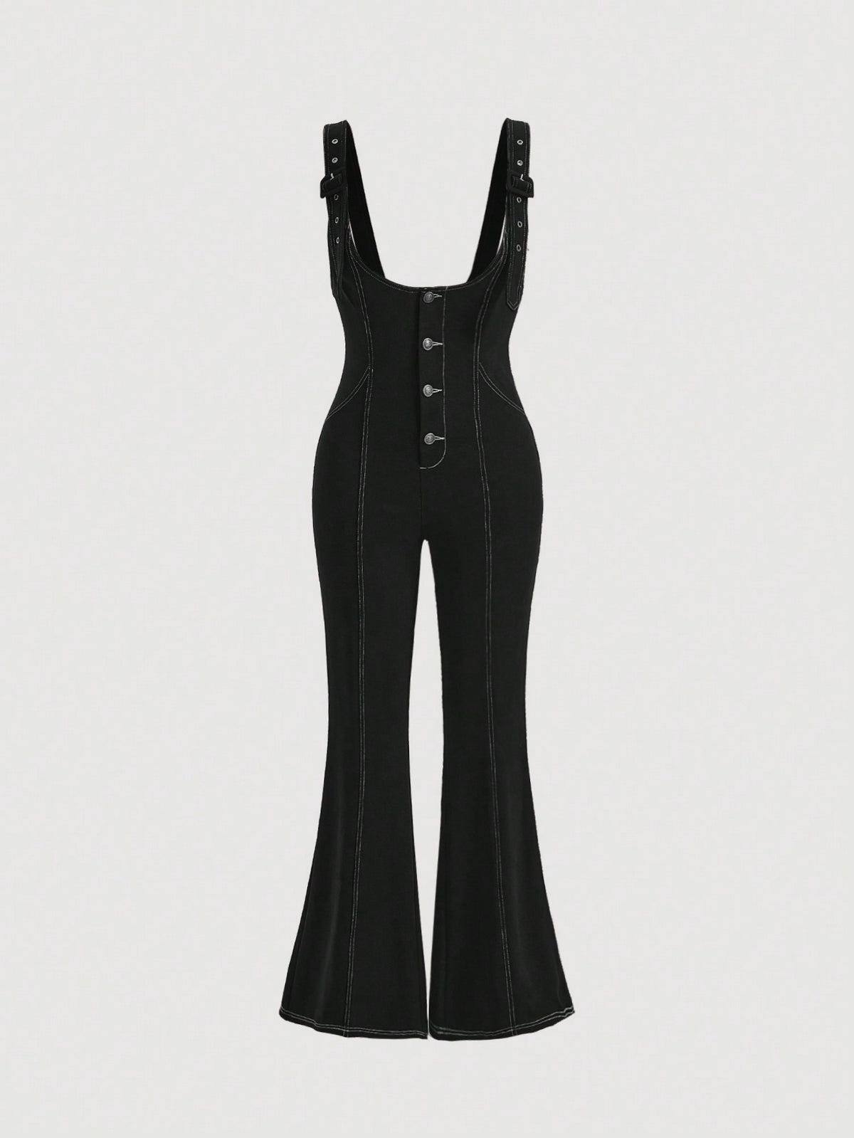 Women's Button Front Jumpsuit With Flared Pants And Suspenders