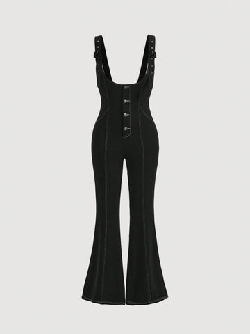 Women's Button Front Jumpsuit With Flared Pants And Suspenders