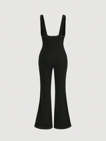 Women's Button Front Jumpsuit With Flared Pants And Suspenders