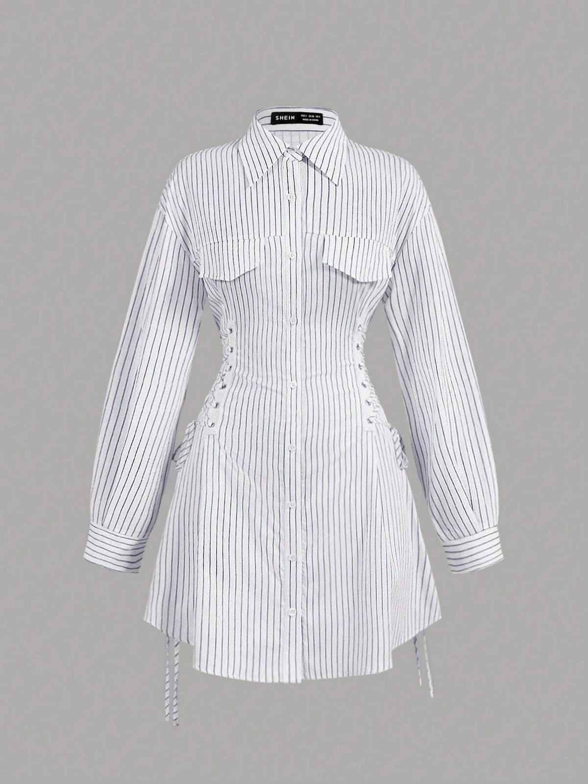 Women's Casual Autumn Side Criss-Cross Strap Striped Shirt Dress