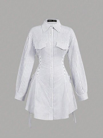 Women's Casual Autumn Side Criss-Cross Strap Striped Shirt Dress