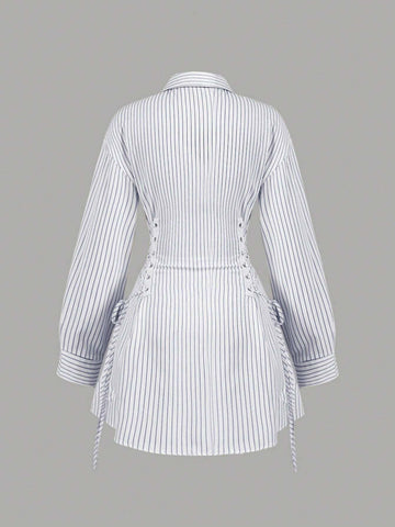 Women's Casual Autumn Side Criss-Cross Strap Striped Shirt Dress