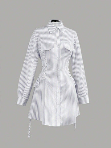 Women's Casual Autumn Side Criss-Cross Strap Striped Shirt Dress