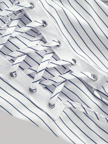 Women's Casual Autumn Side Criss-Cross Strap Striped Shirt Dress